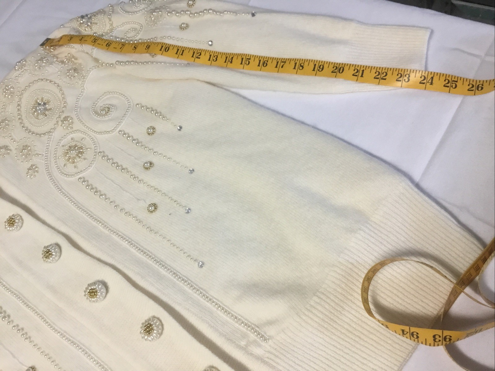 Vtg Belldini CardiganSweater Beaded WoolAngoraNylon L Ivory Shoulder Pads Lined