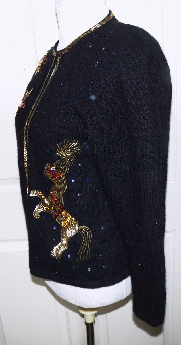 Vintage 80s Black Lambswool Angora Christmas Sweater Sequins Justine Todd M B34