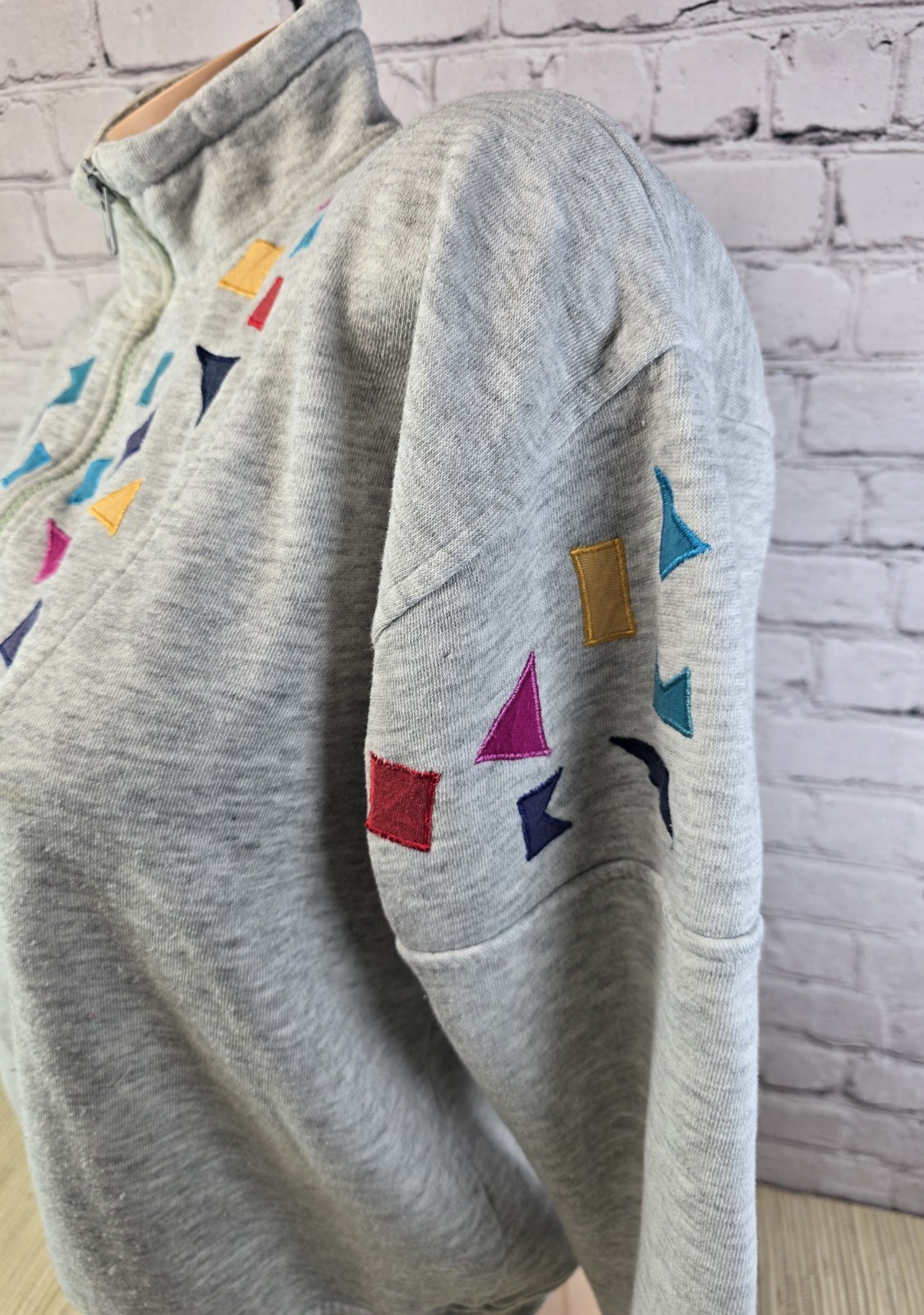 Vintage Chinawear Morsly M Gray Aztec Geometric Retro Zip Sweatshirt READ SPOTS