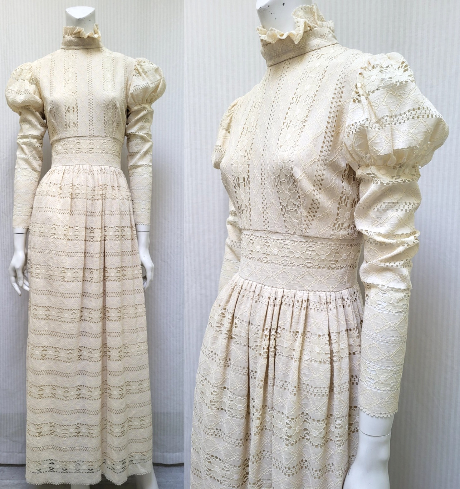 Vintage JOY STEVENS Cream Lace Cottagecore Victorian Style Dress – Size XS – EUC