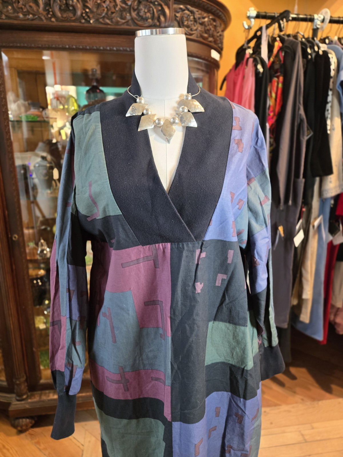Vrg 1980s MARIMEKKO Purple Black Blue Cotton Geometric Long Sleeve Kaftan Dress