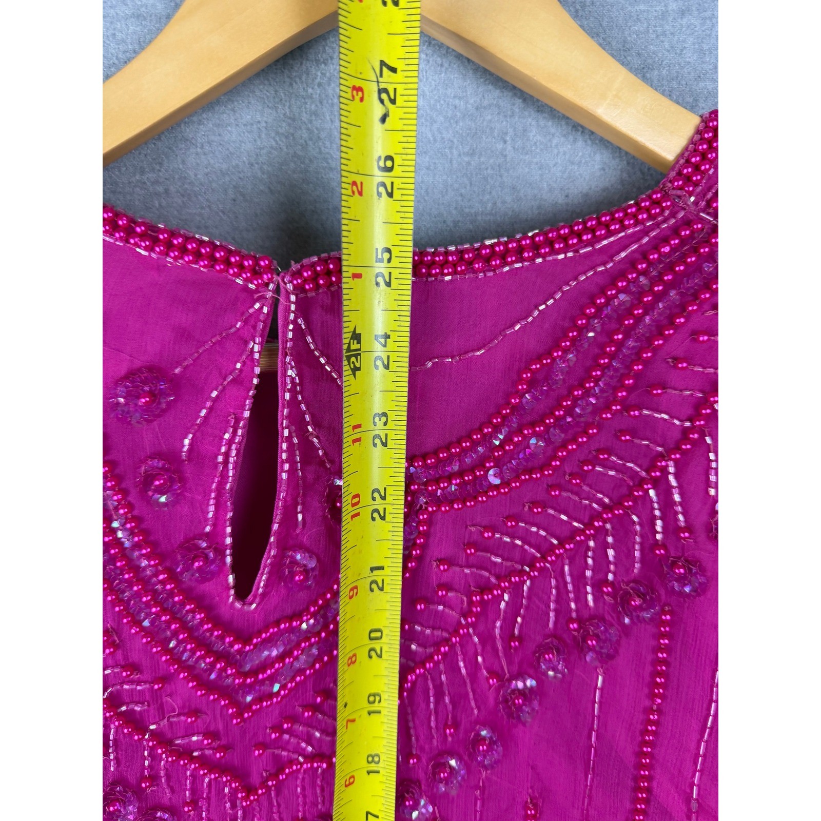 Vintage Scala Magenta Pink Beaded Silk 2 Piece Set Blouse Skirt Sequin Formal L