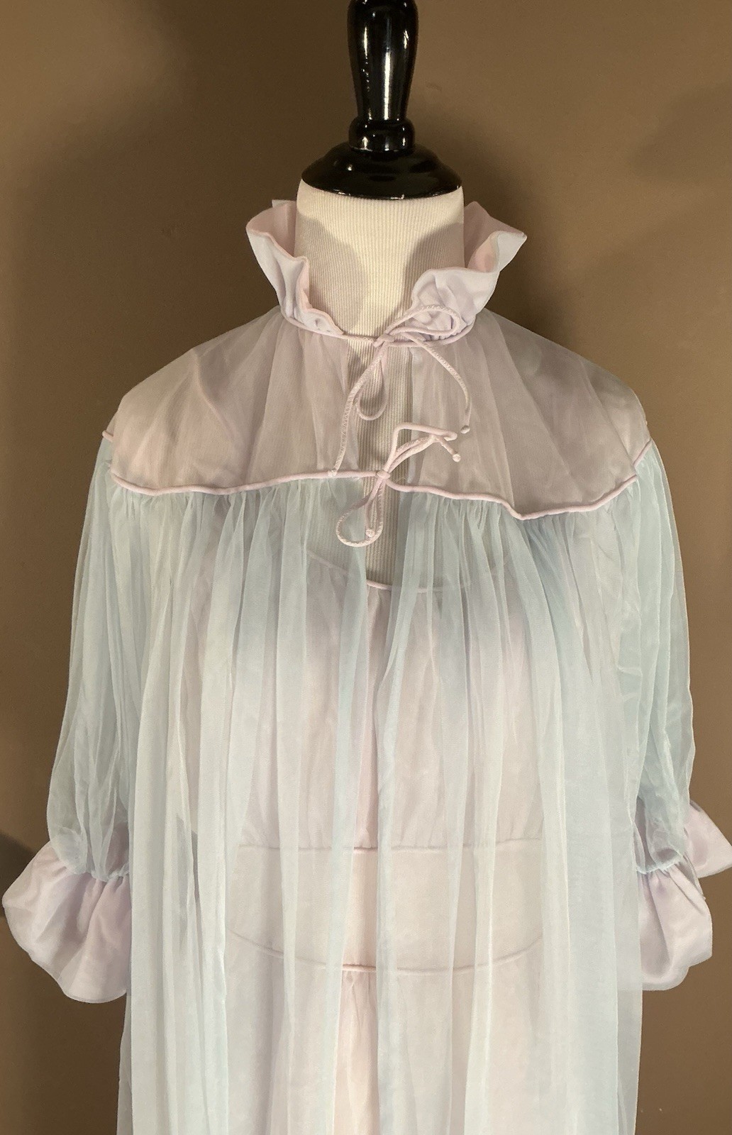 Vintage 60s Pink and Blue Sheer Peignoir Lingerie Robe Gown Set Sz 32