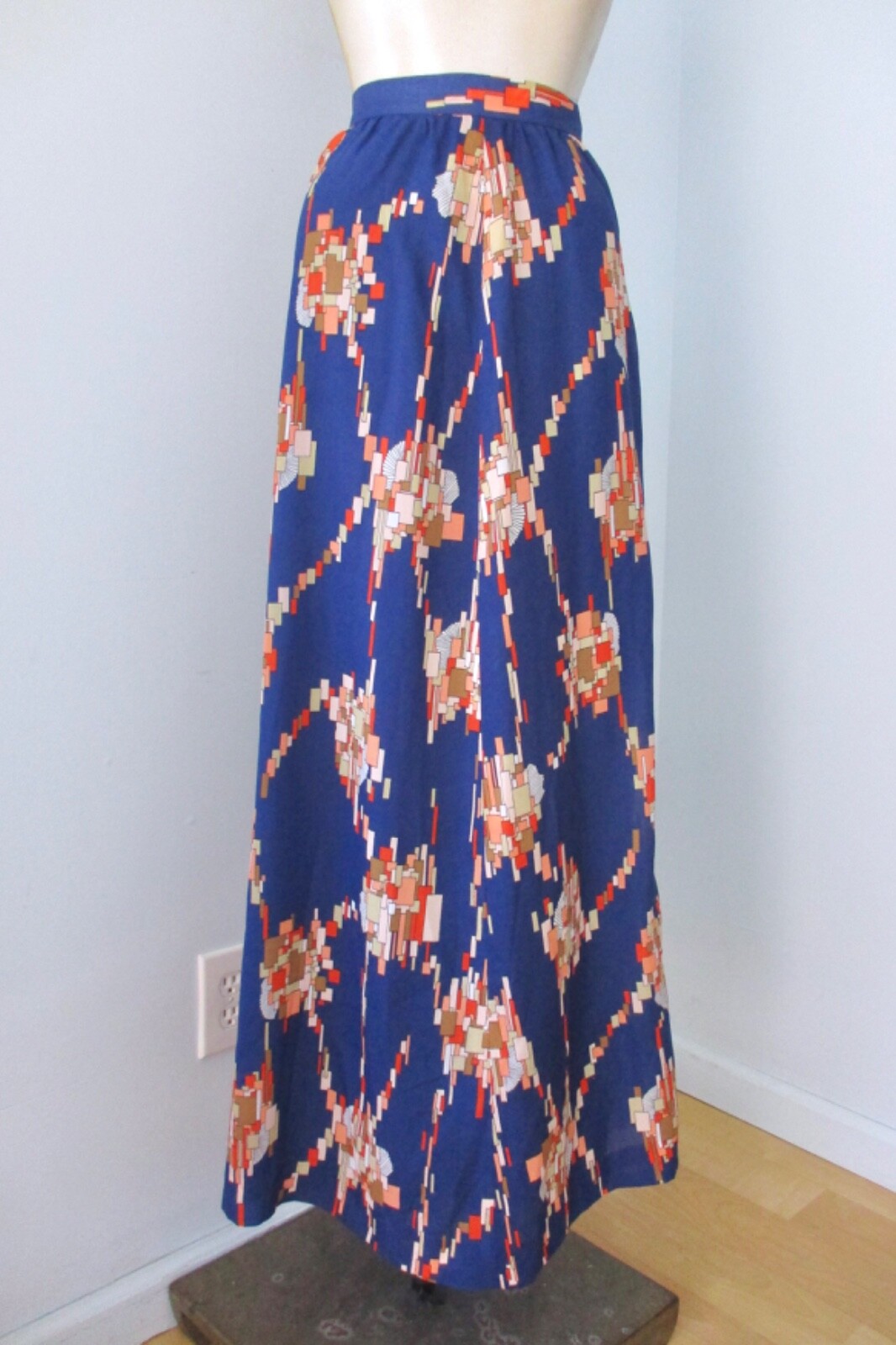 Vtg 70s Alex Coleman Blue Coral Geometric Poly Chiffon Maxi Hostess Skirt 24 in.