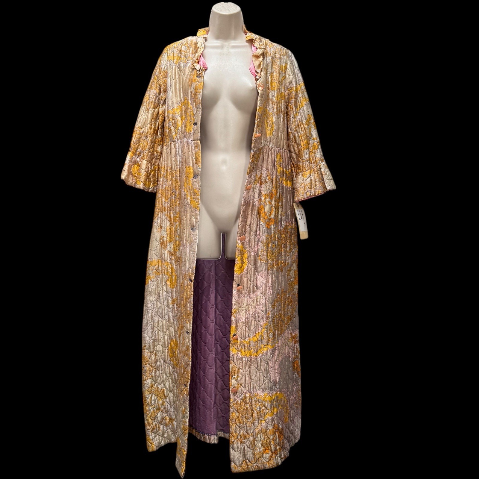 Vintage 1960s Quilted Hostess Gown Pink Sash Lounge Robe Psychedelic Print
