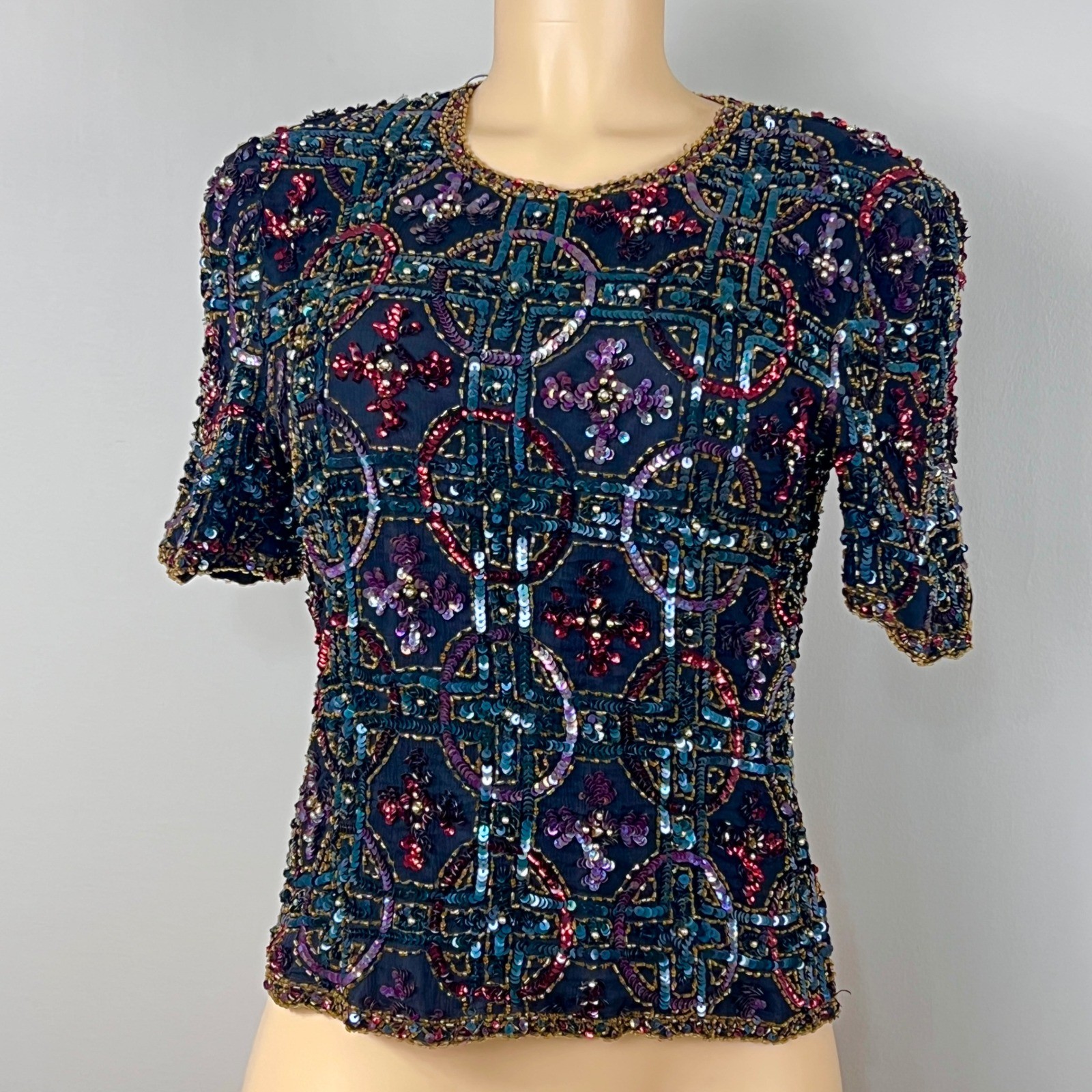 Scala Beaded Sequin Silk Top Womens PM Petite Medium Black Vintage 90s READ