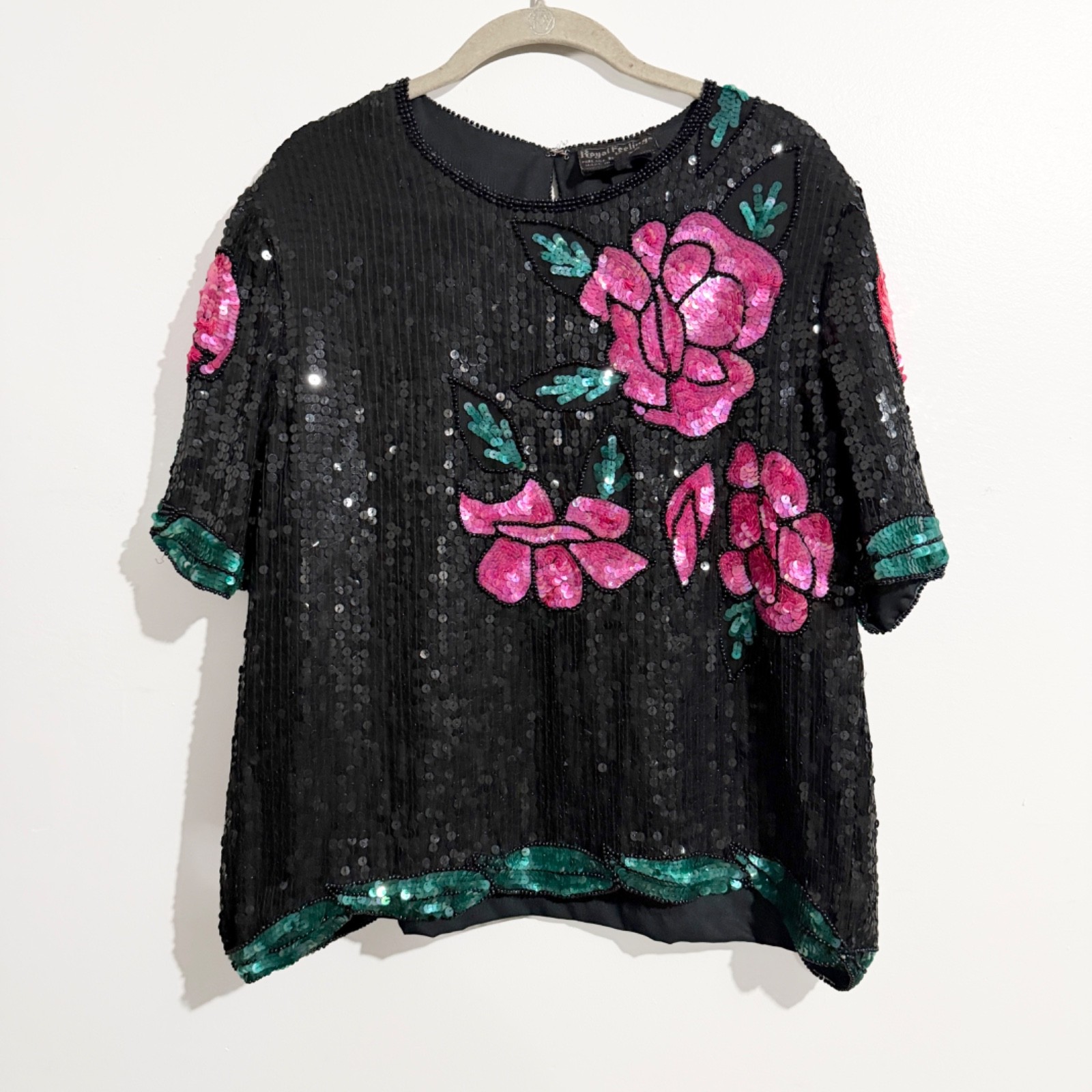 Vintage Royal Feelings Black Silk Sequin Floral Beaded Top L Pink Roses Glam