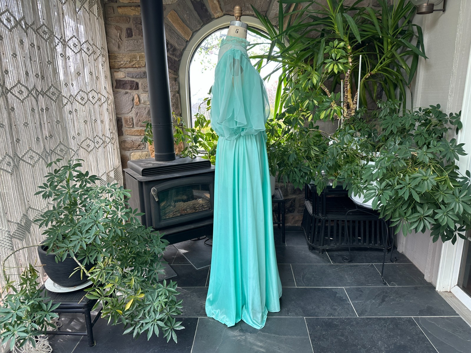 Vintage 1970s Light Green Knit and Chiffon Lace Maxi Dress