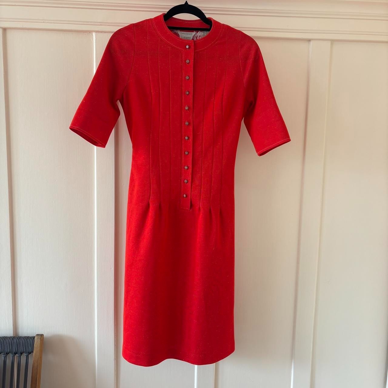 60s Vintage Orange Red Midi Dress with Floral Buttons Nardis of Dallas SMALL