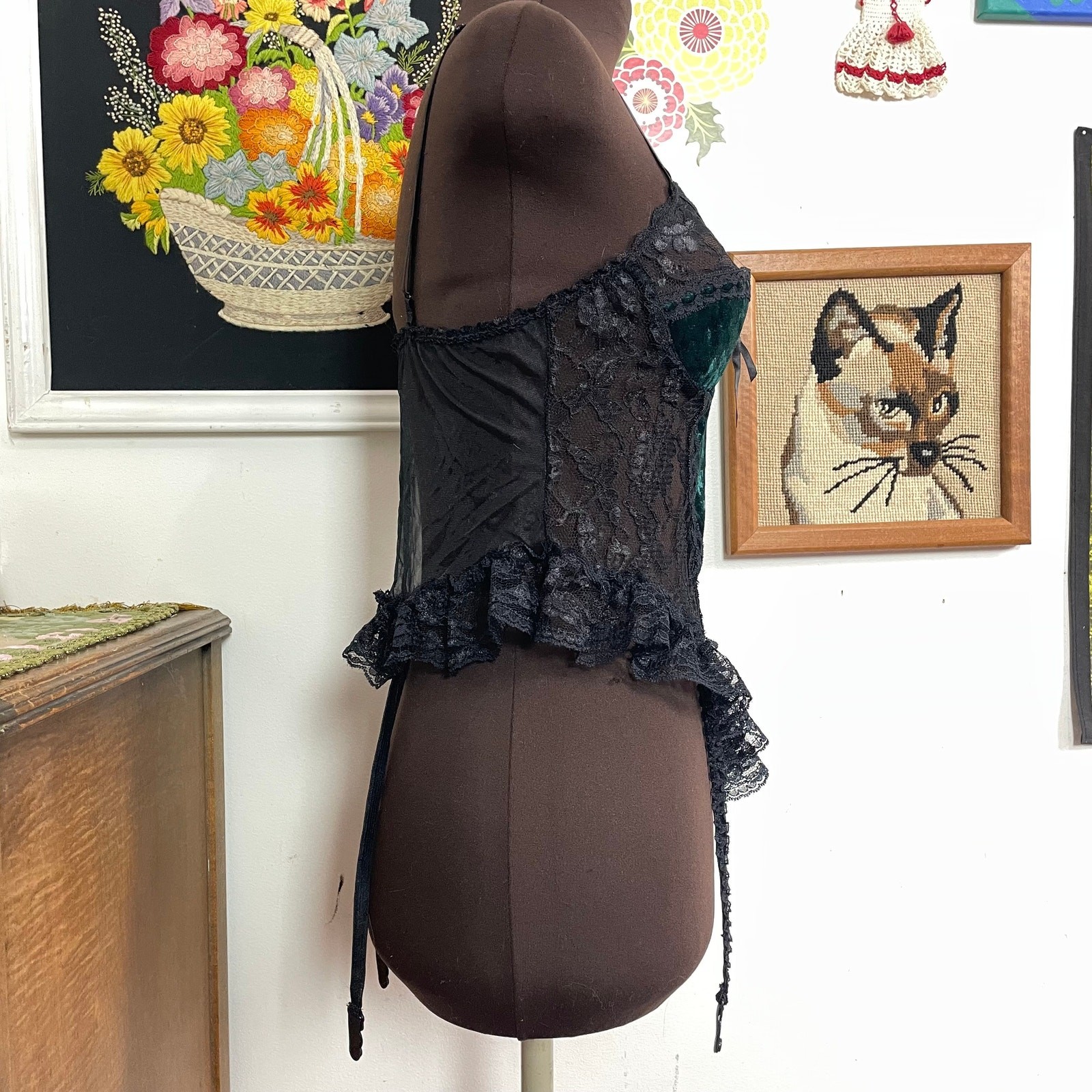 Vintage Green Velvet Teddy w Black Lace Trim, 1970s Corset Style Top w Panty, M