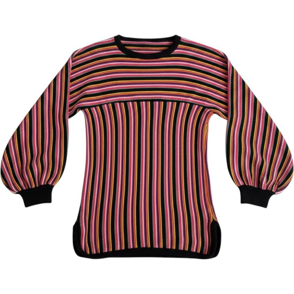 Vtg 70s Mod Acrylic Mini Dress/Tunic Sweater Striped Balloon Sleeve Multi-Color