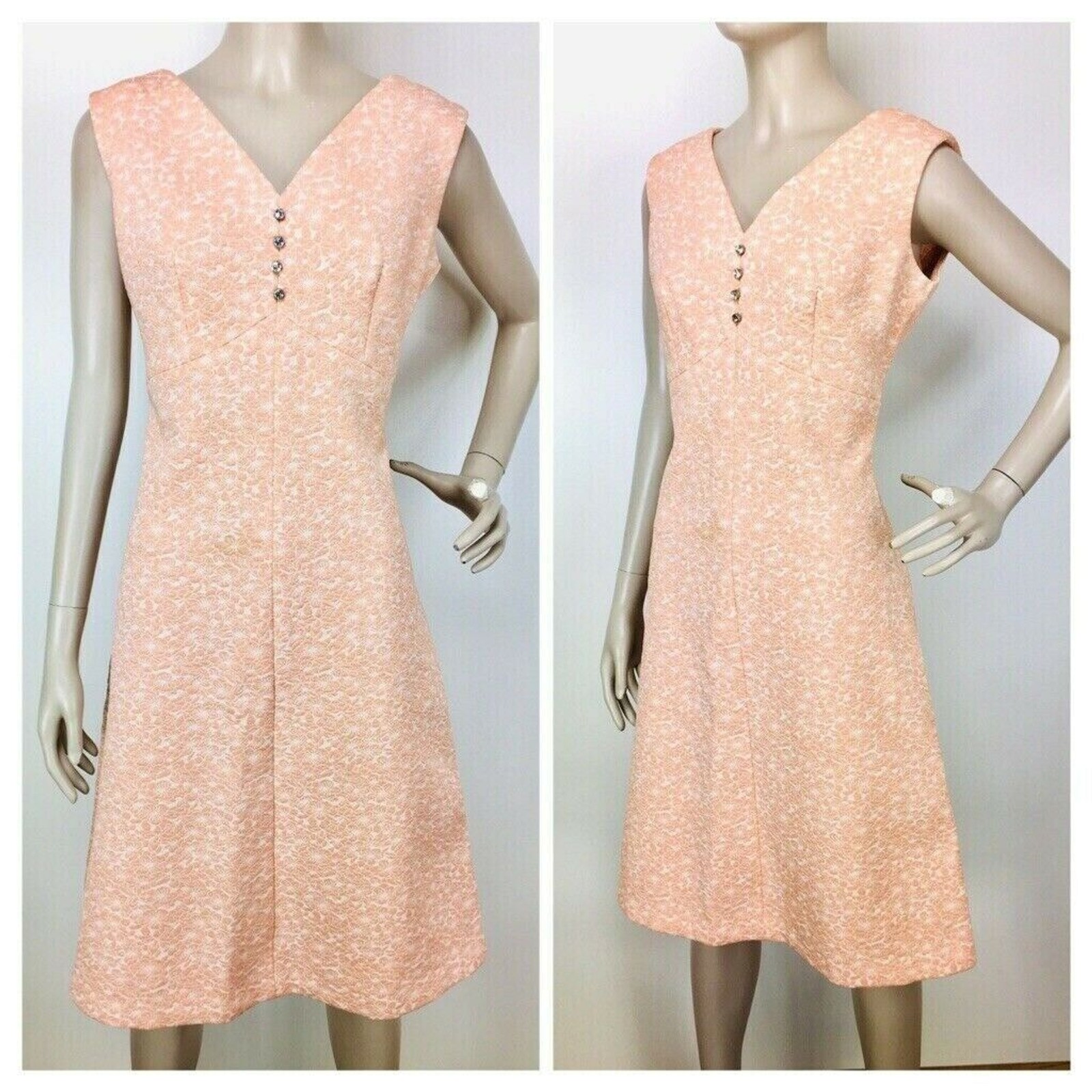 Vintage 60s Peach Floral Jacquard Sleeveless Shift Hostess Dress Bleeker Street
