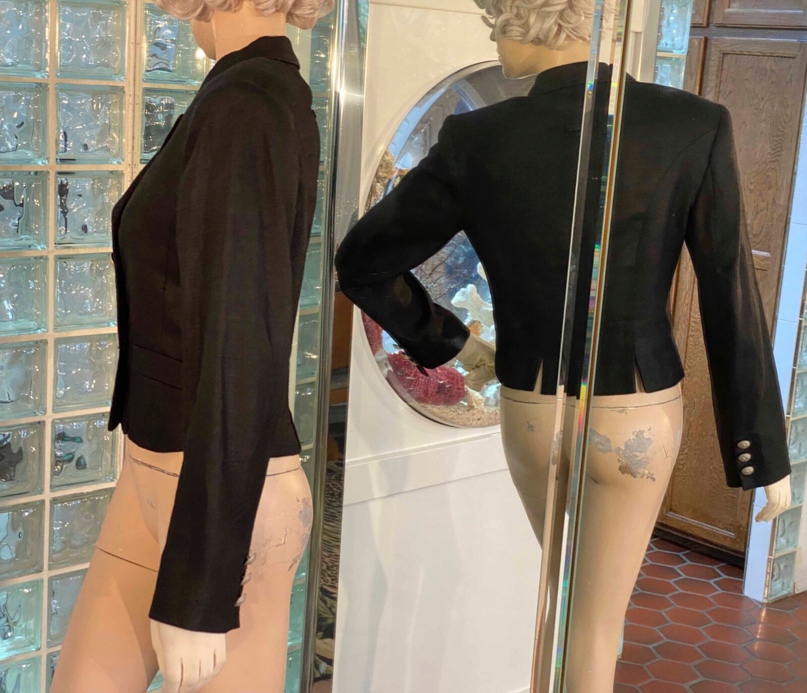 VTG 90s Black Crop Jacket Double Breast Military Buttons Women size 8 USA