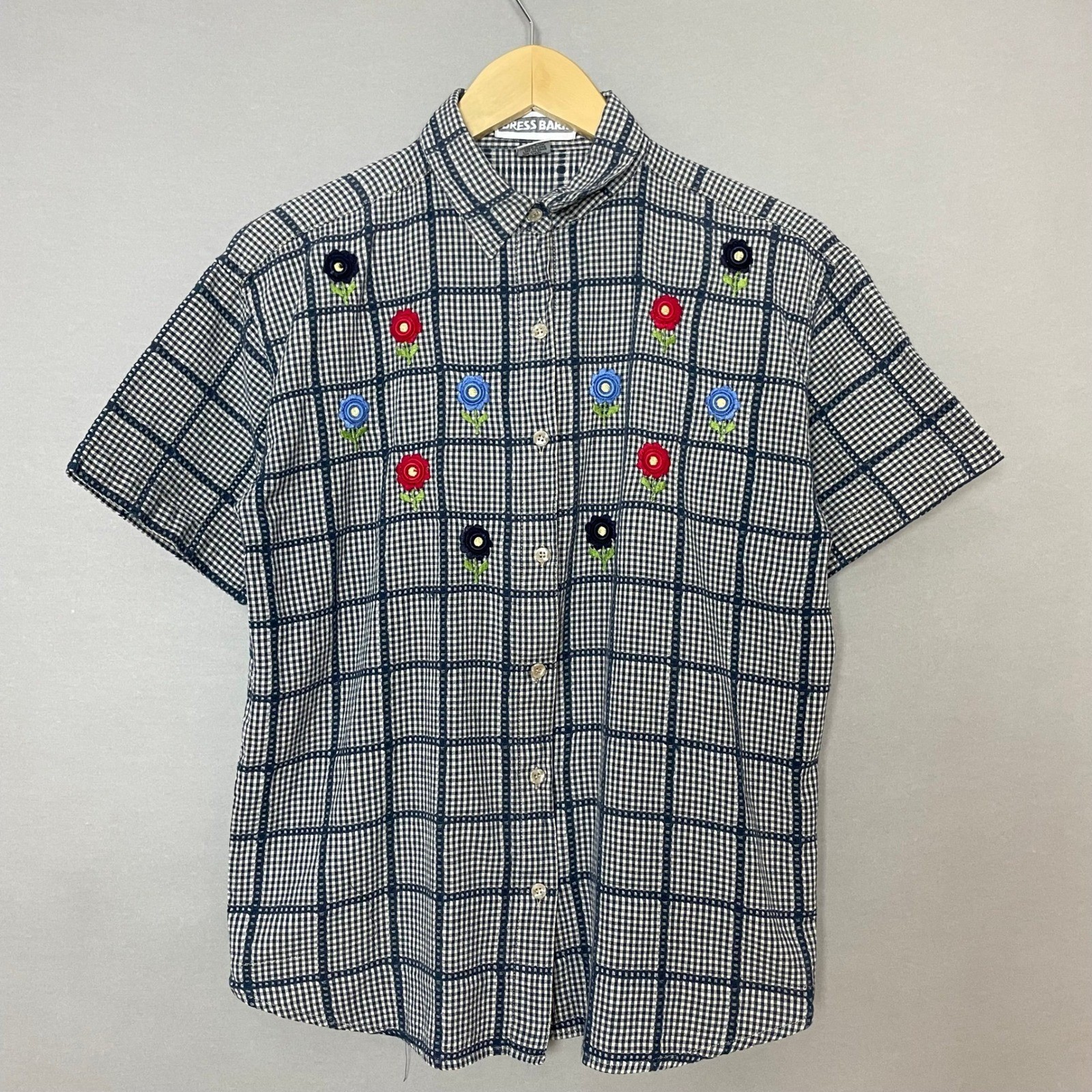 Vintage Gingham Shirt Floral Embroidery Women Size Large Cotton Country Twee Top