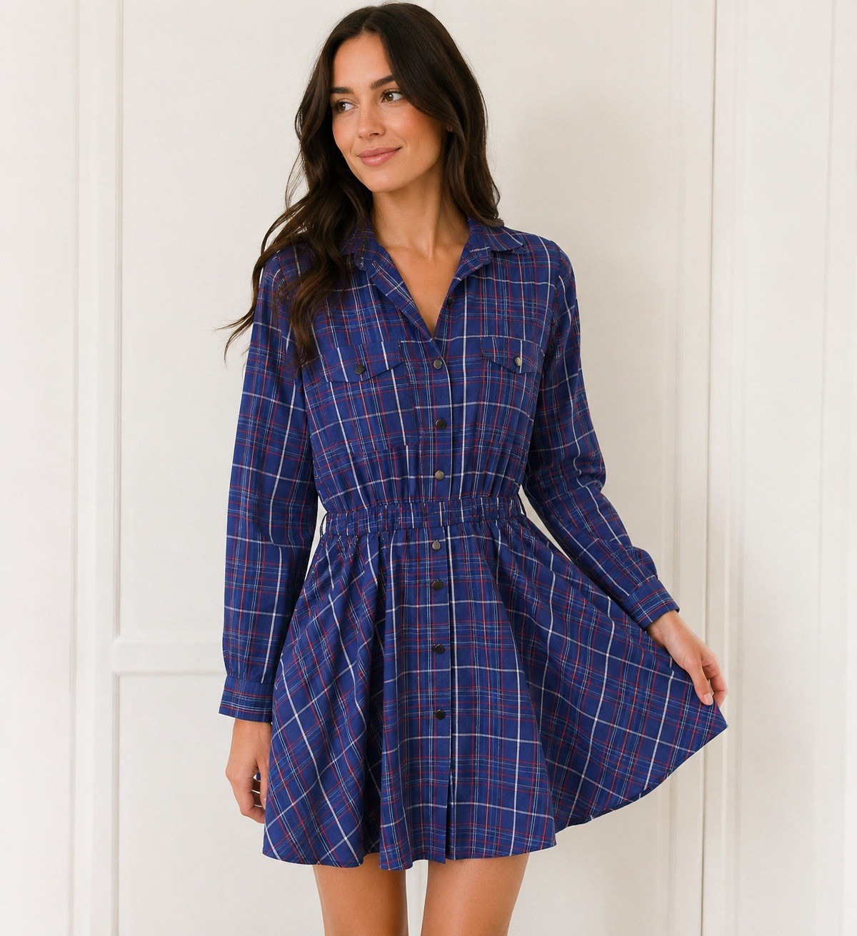 Vintage Plaid Shirt Dress Blue Red Cotton Long Sleeve A-Line Size 4 Summit Hill