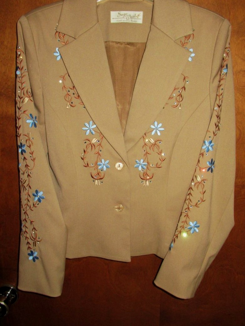 VTG SAGE WEST TX TAN EMBROIDER FLOWER RHINESTONE WM ROCKABILLY NASHVILLE JACKET