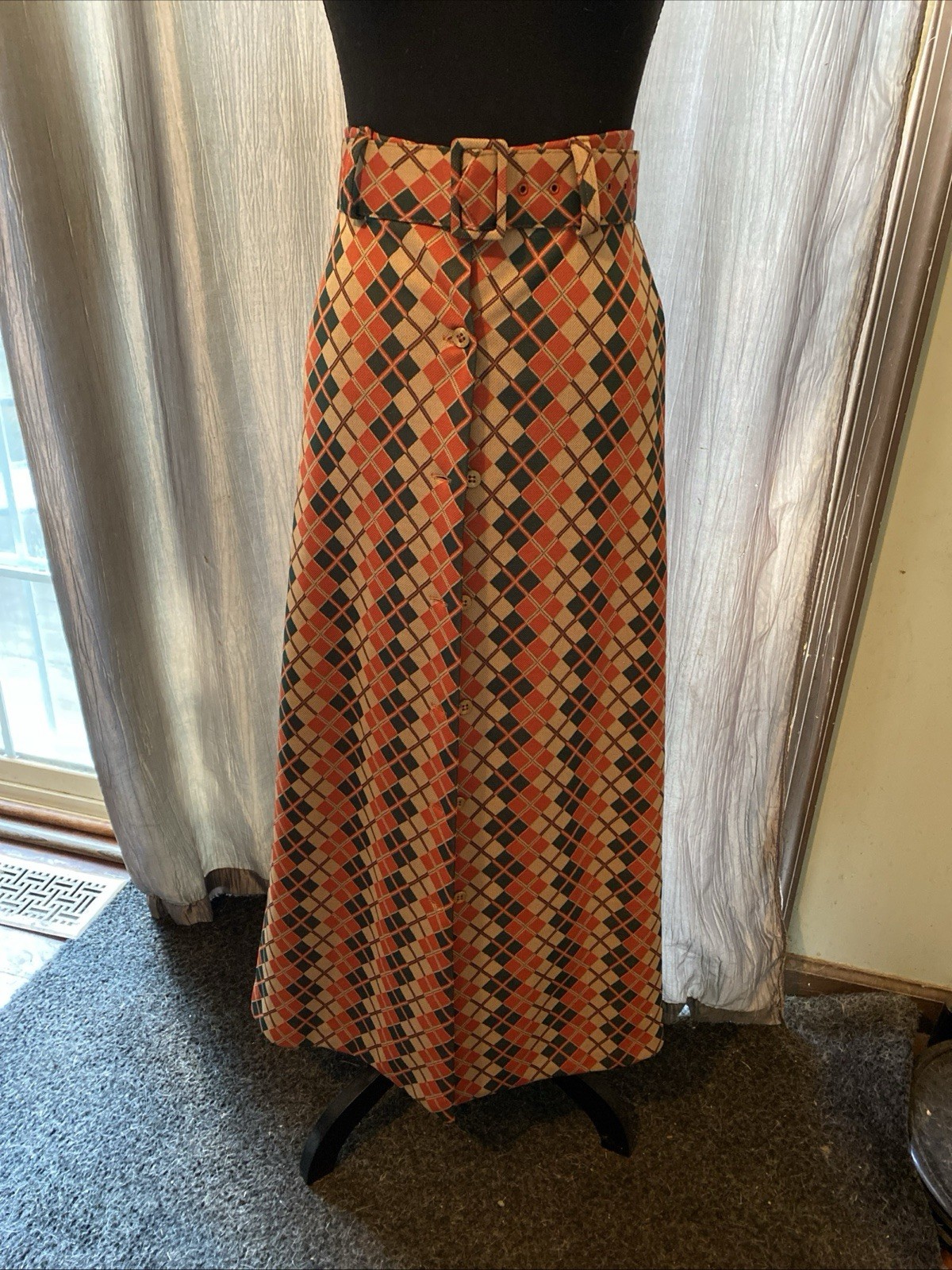 Vintage Dutchmaid Maxi Green orange tan Argyle Skirt With belt