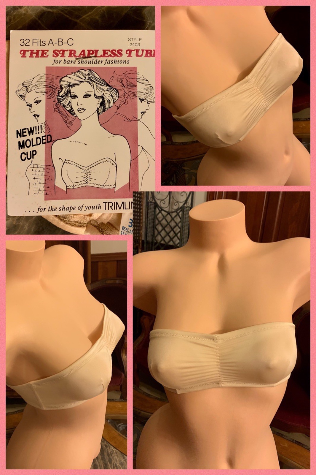 Vintage Strapless Tube Bra Beige Nude Antron Spandex 1970s NEW Fits 32 A, B, & C