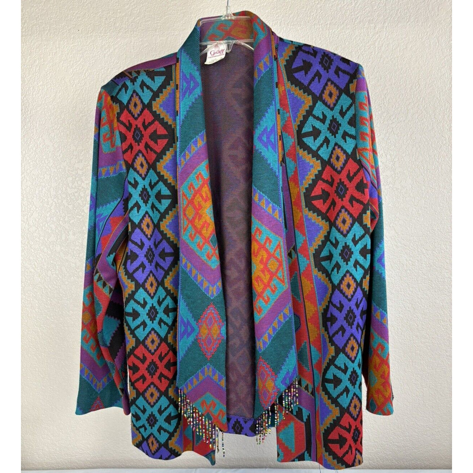 Vintage Graff California Wear Aztec Tribal Open Front Beaded Fringe Cardigan 14