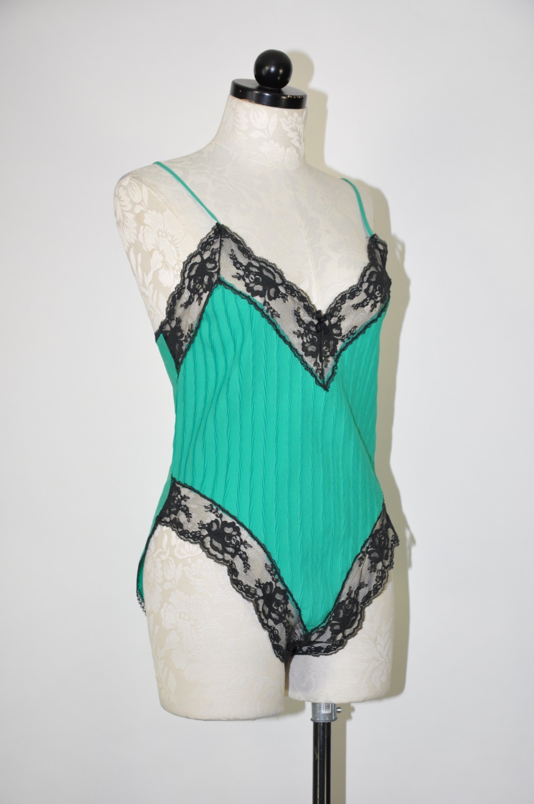 80s Emerald Green Lace Backless One Piece Teddy Lingerie Bodysuit Women S M