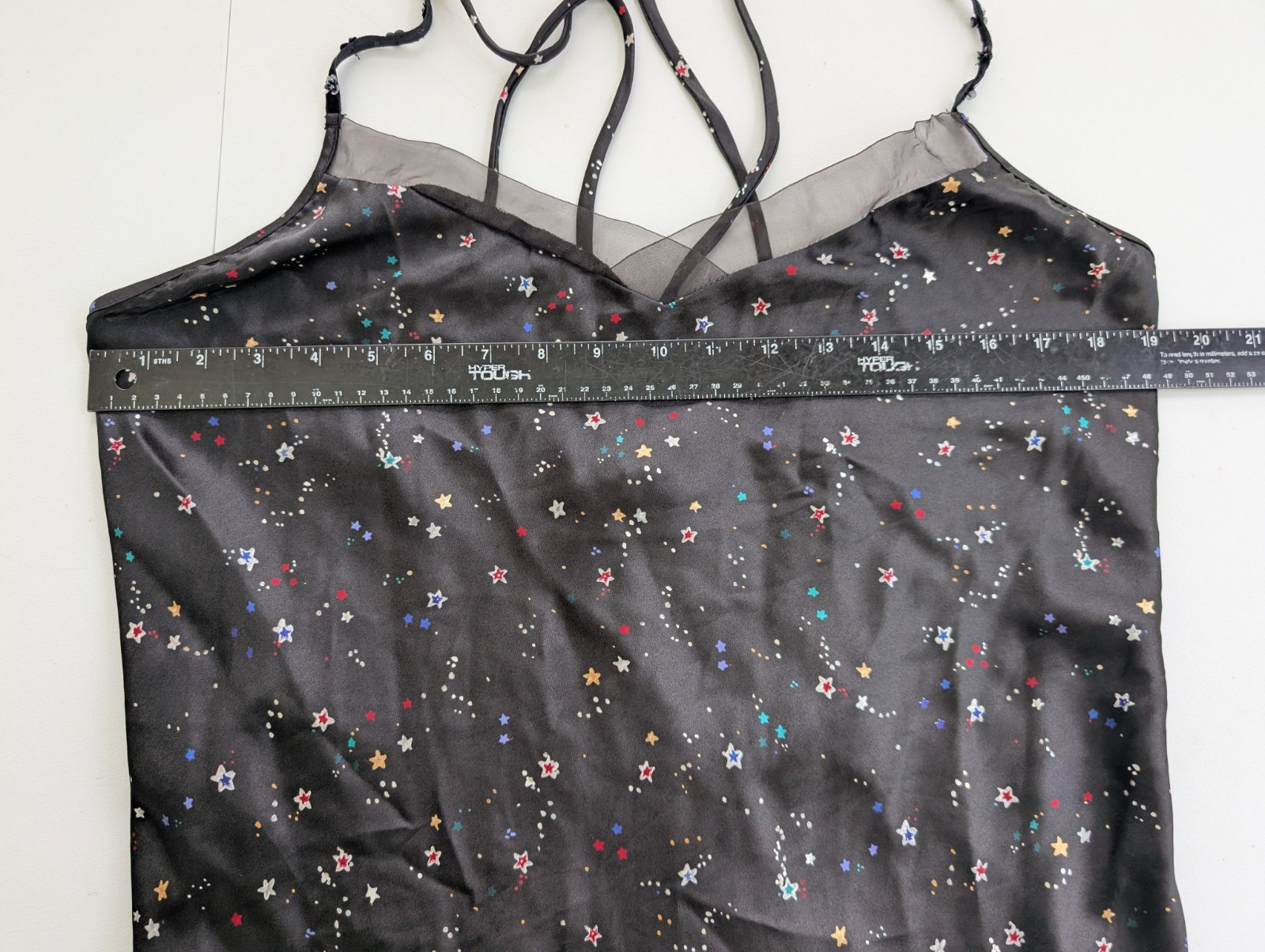 Vtg 90s Inner Most Black Satin Star Print Slip Dress Chemise Midi XL Y2K Beaded