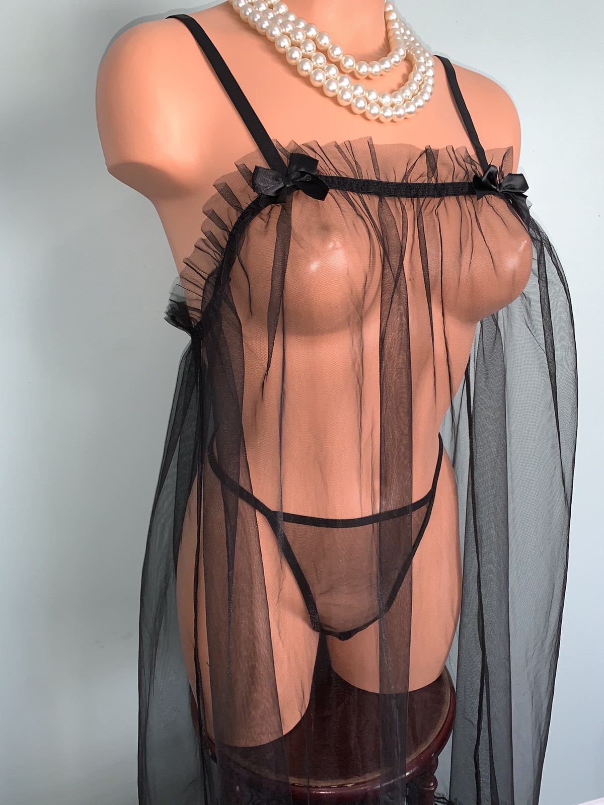 NEW SHEER Chiffon Nightie Nightgown Negligee 1X Panty Satin Ribbons 2pc set