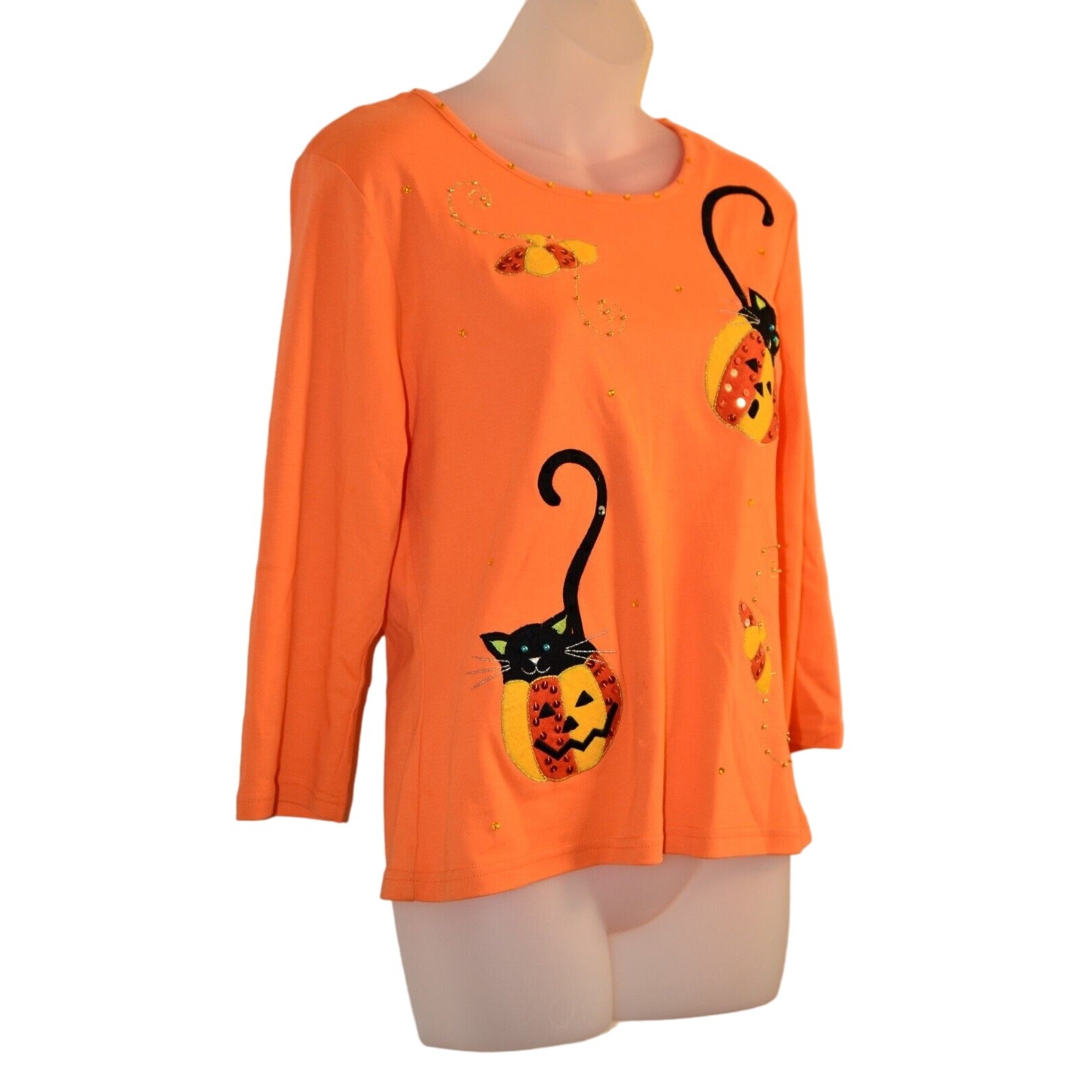 Jack B. Quick M Top Halloween Black Cat Pumpkin Orange Sequin 100% Cotton