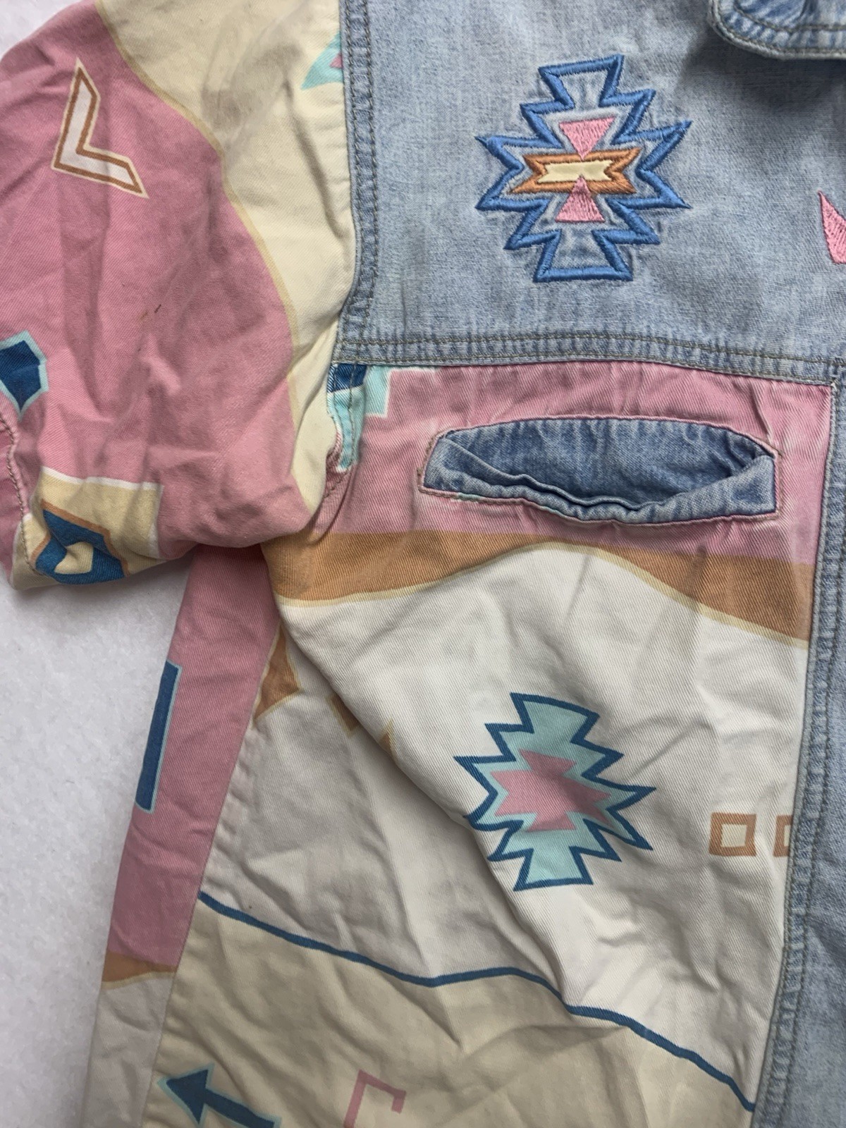 Vintage 90s INFO USA Denim Southwestern Aztec Patchwork Shirt Womens M Western