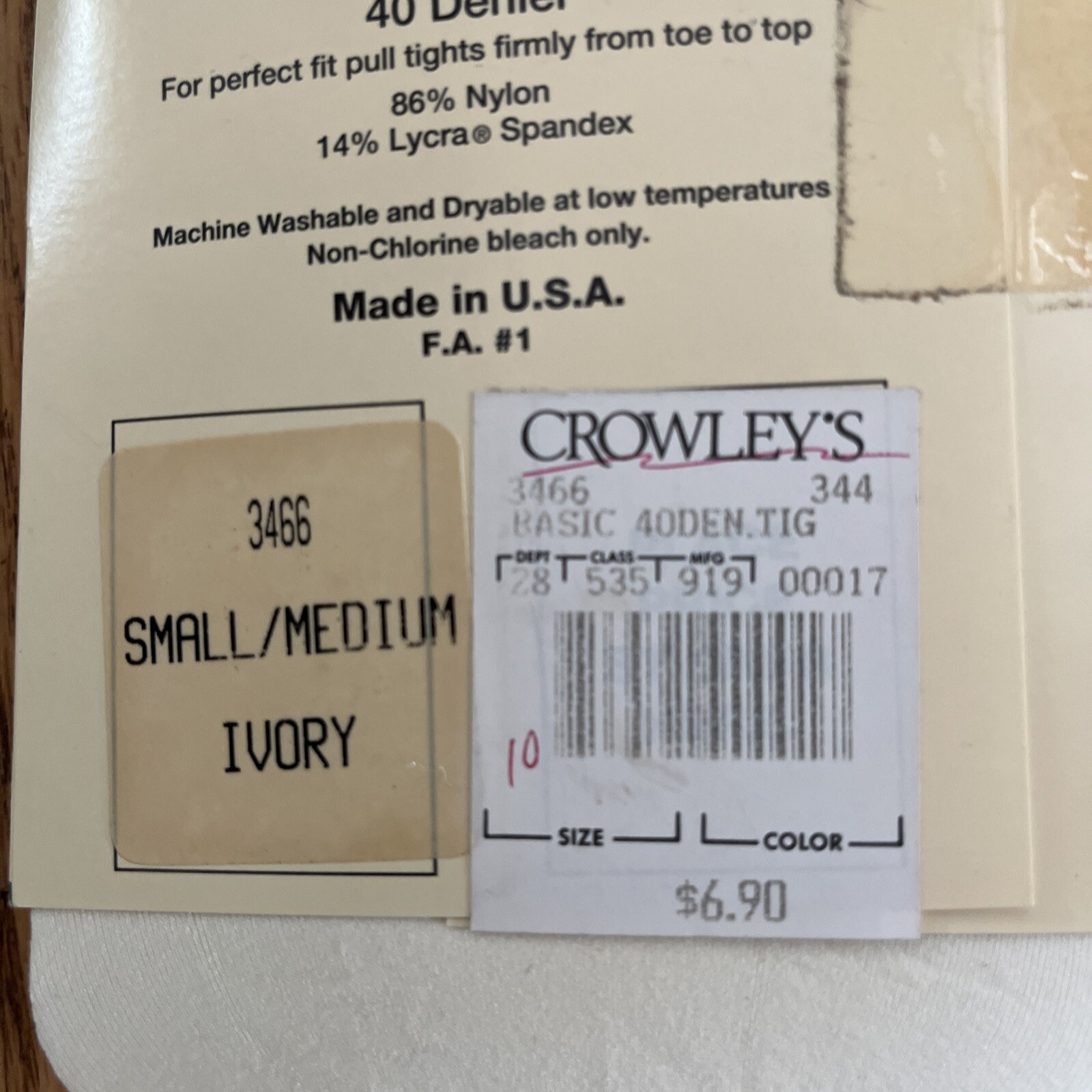 Vtg NWT 1990s Crowley’s Opaque Microfiber Tights Size S/M Ivory USA