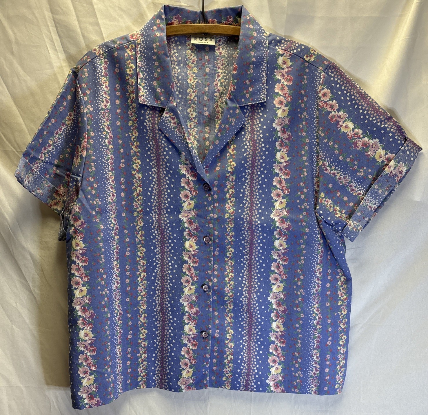Vtg Russ Women’s Blue Floral Top Shirt Union Made In USA 1980s 80s Blouse Read