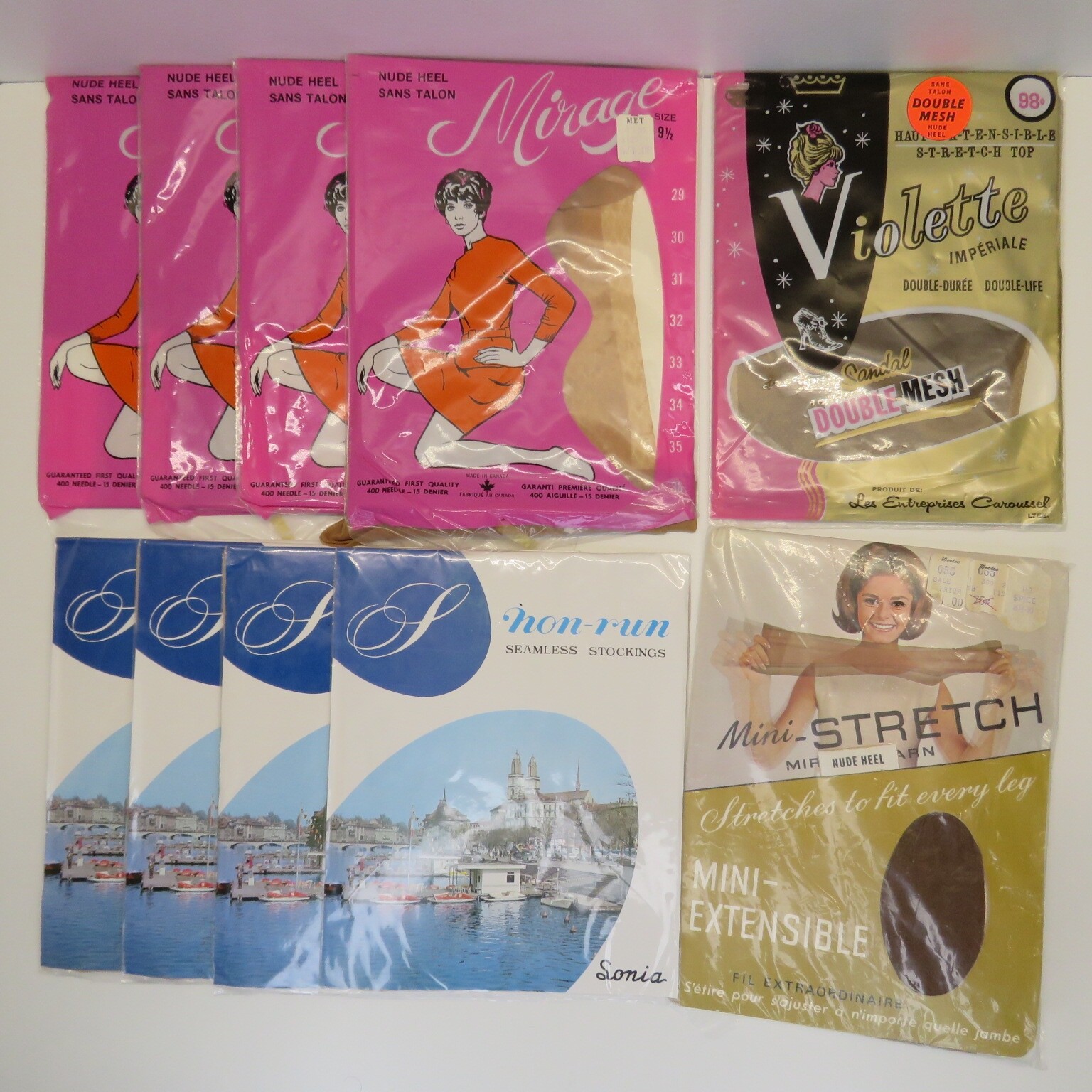 10 Packages Vintage 1960s Stockings Mirage Sonia Violette Mini-Stretch 8.5-9.5