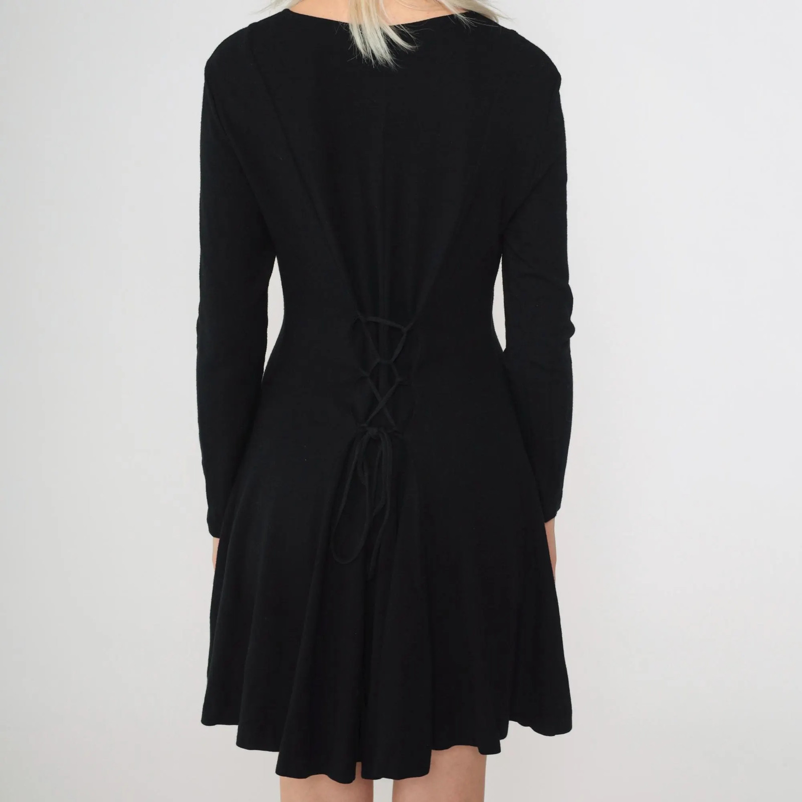 90s Norma Kamali Black Dress Vintage A-Line Skater Lace-Up Back Long Sleeve Scoo