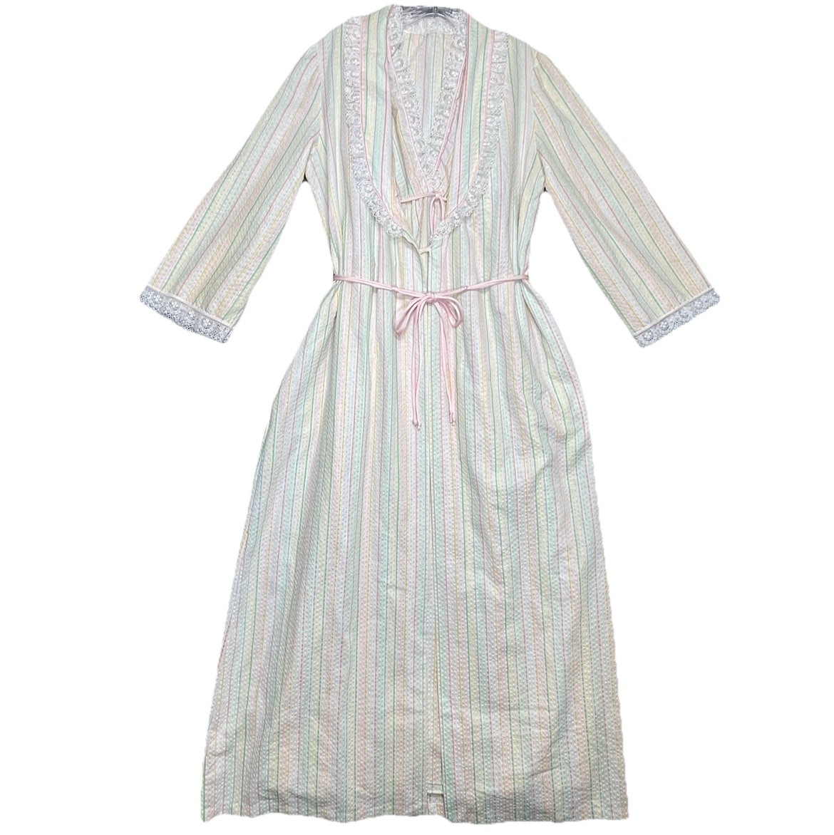 Vtg 70s Philmaid Nightgown Robe Set Seersucker Rainbow Pastel Stripe Sz Womens M