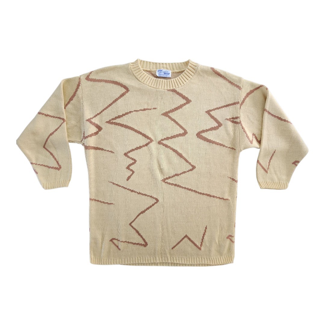 Vintage 80s Zig Zag Print Sweater Woman’s Large (20 Inches) Mustard Brown Retro