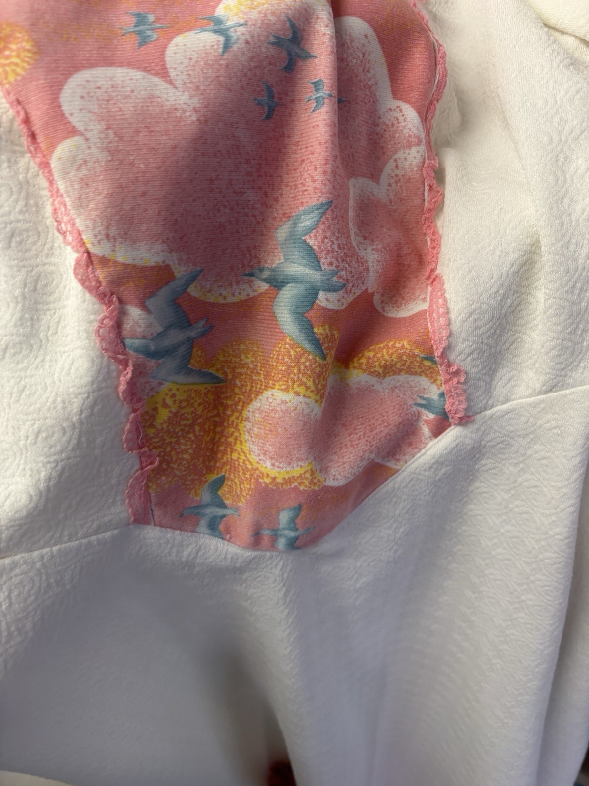 1980’s Handsewn Full Length DRESS White with Pink Clouds, Blue Doves BOHO