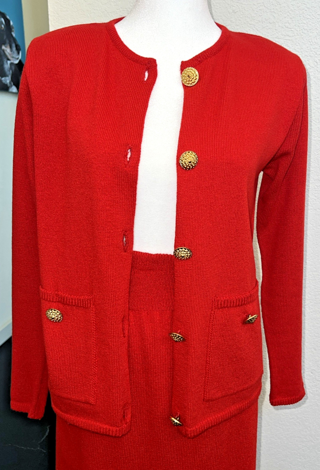 Vtg 80’s two piece cardigan sweater and pencil skirt set red knit size S