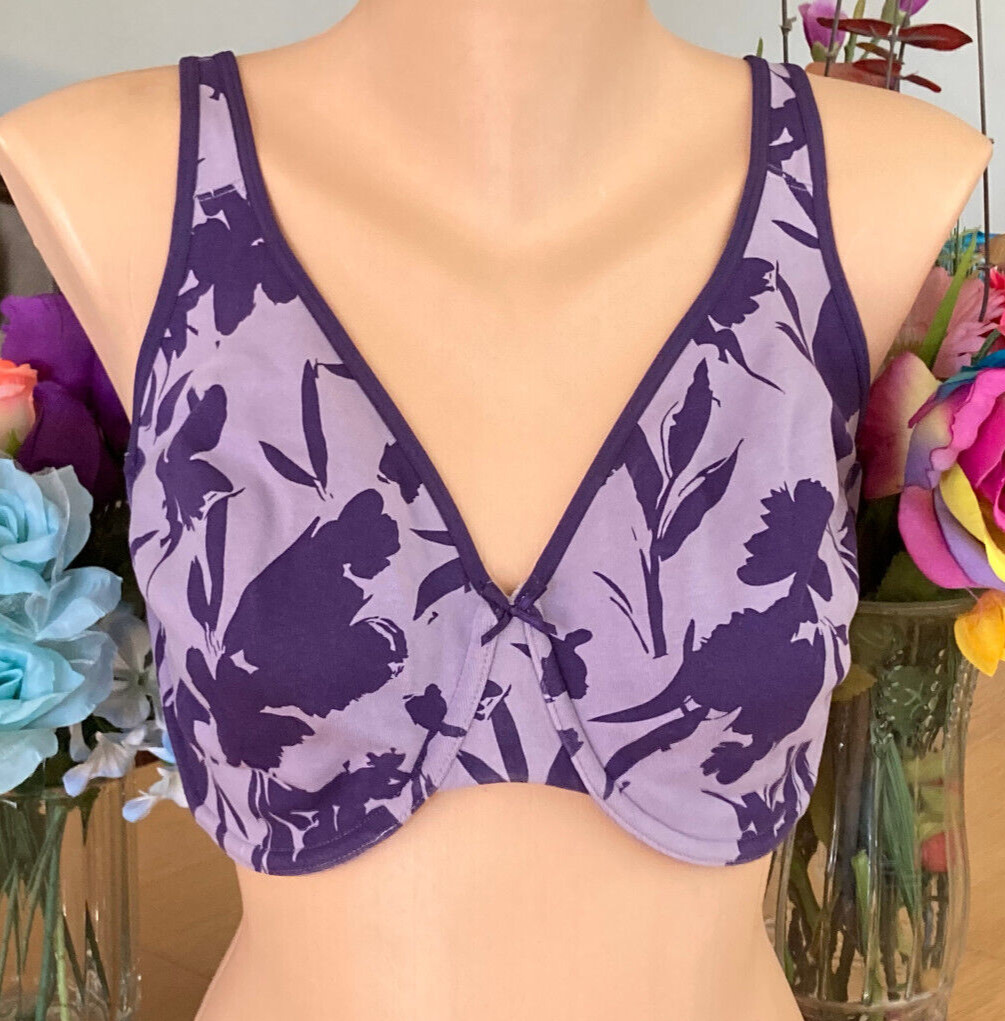 CACIQUE 42DDD Purple Floral Molded Cup Cotton blend Underwire Bra #9860