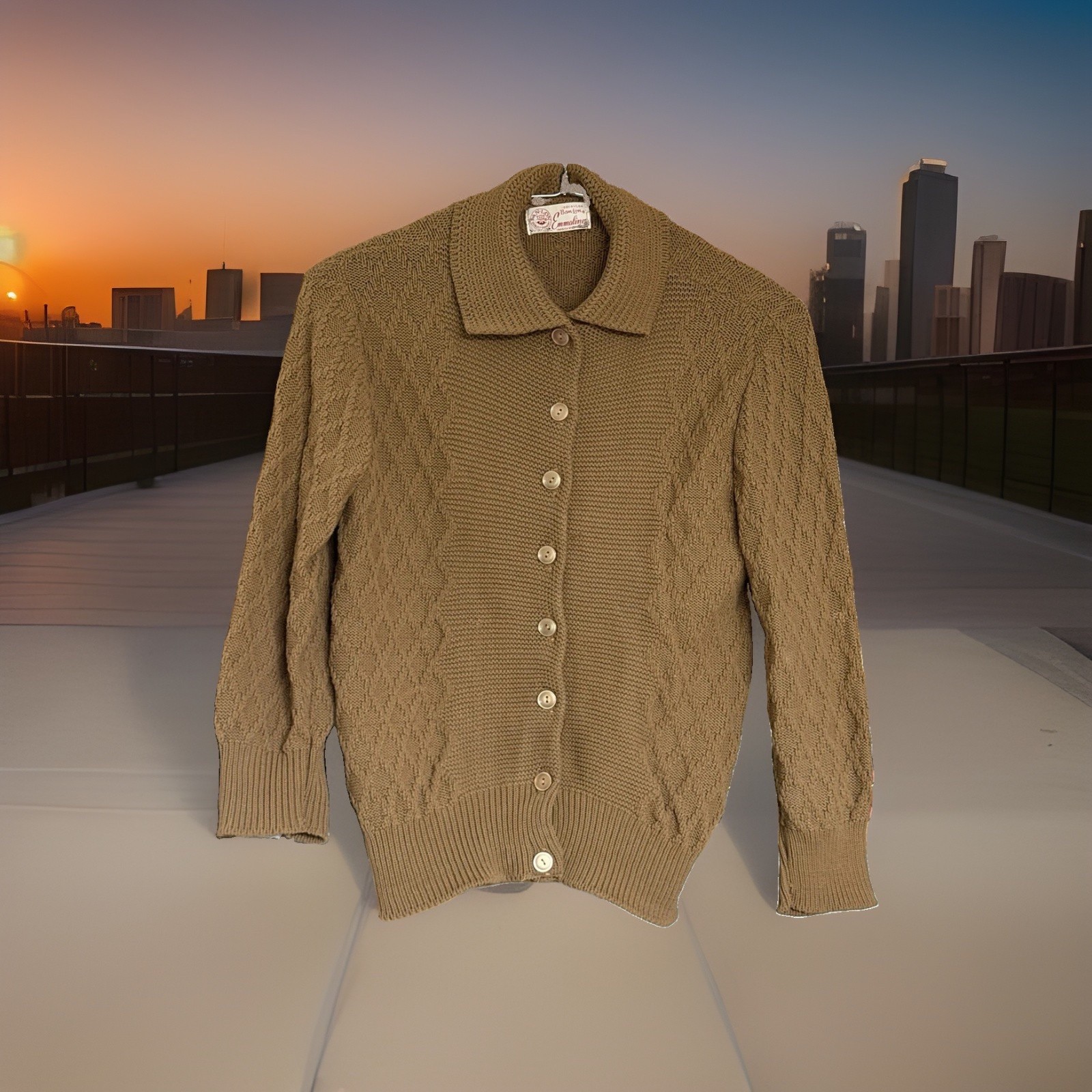 VTG 60s Emmaline Ban Lon Knit Cardigan Sweater Tan Camel Button Front Top S
