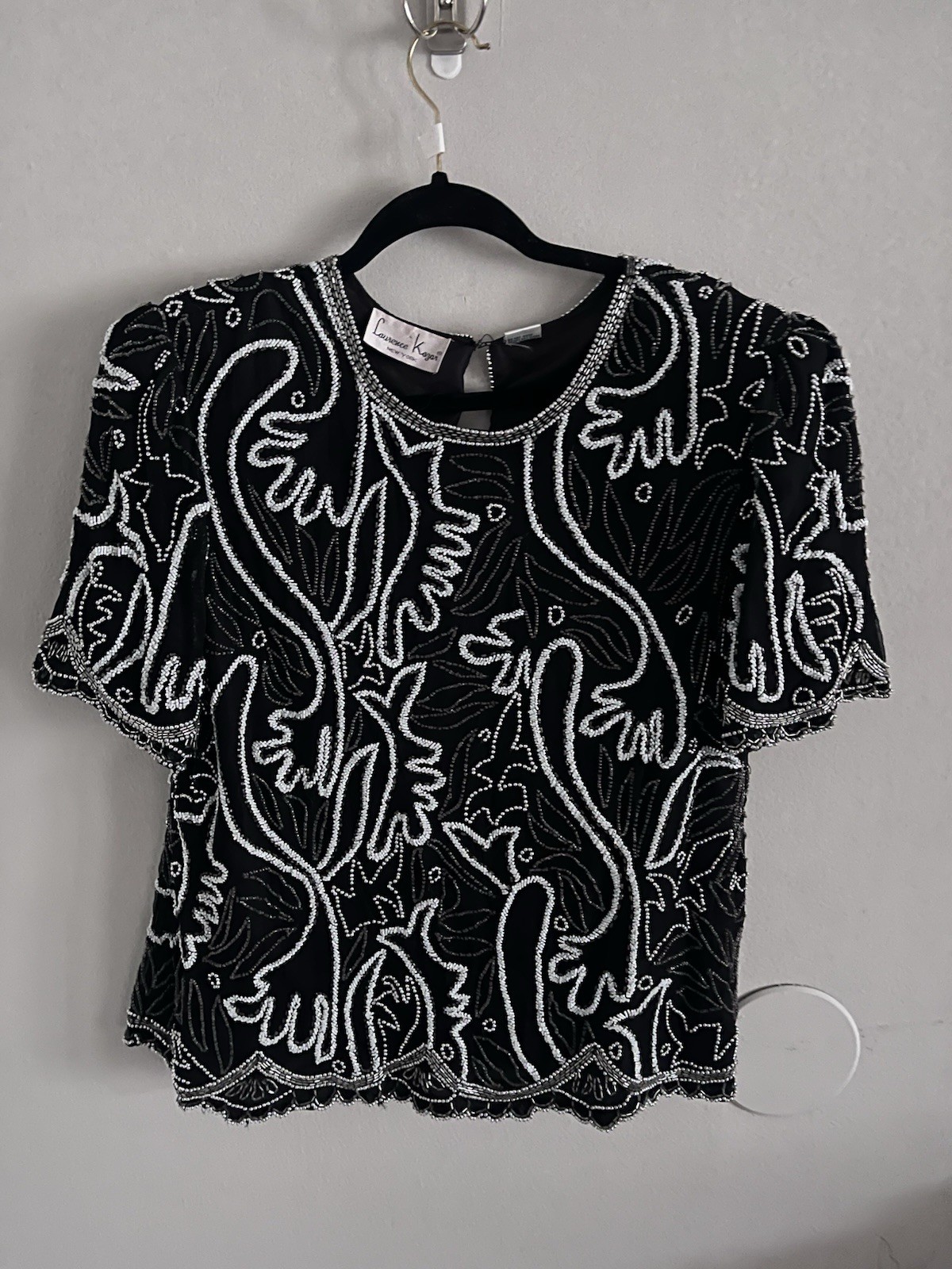 Vintage Womens XL Top Laurence Kazar Black Silver Sequin Beaded Blouse Gatsby