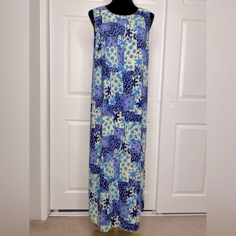 Vintage 90s Whimsygoth Indigo Blue Patchwork Floral Midi Dress Ease Sport Size12