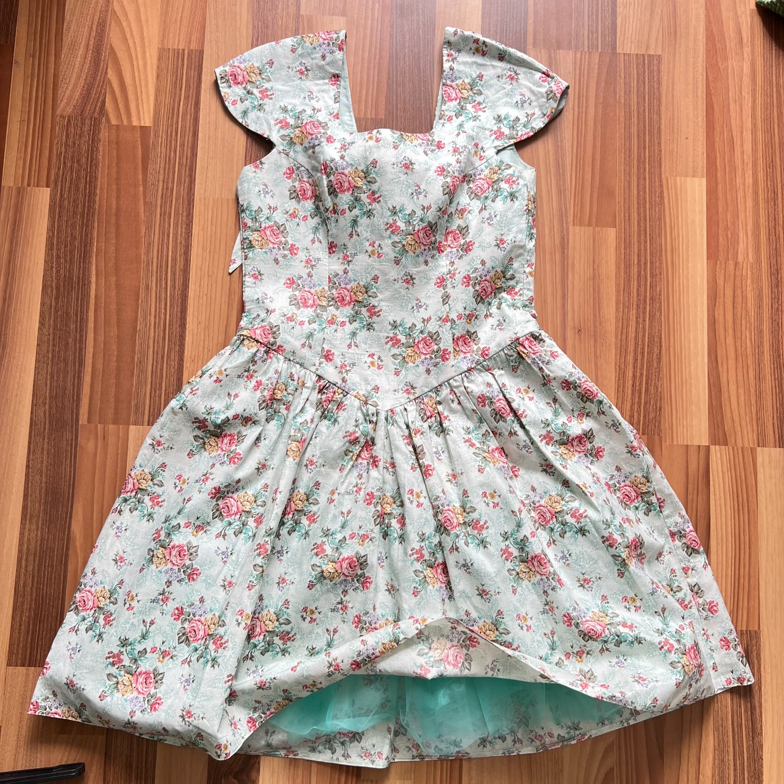 Vintage Floral Two Piece Dress & Bolero Set Puff Sleeves Tea Length Cottagecore