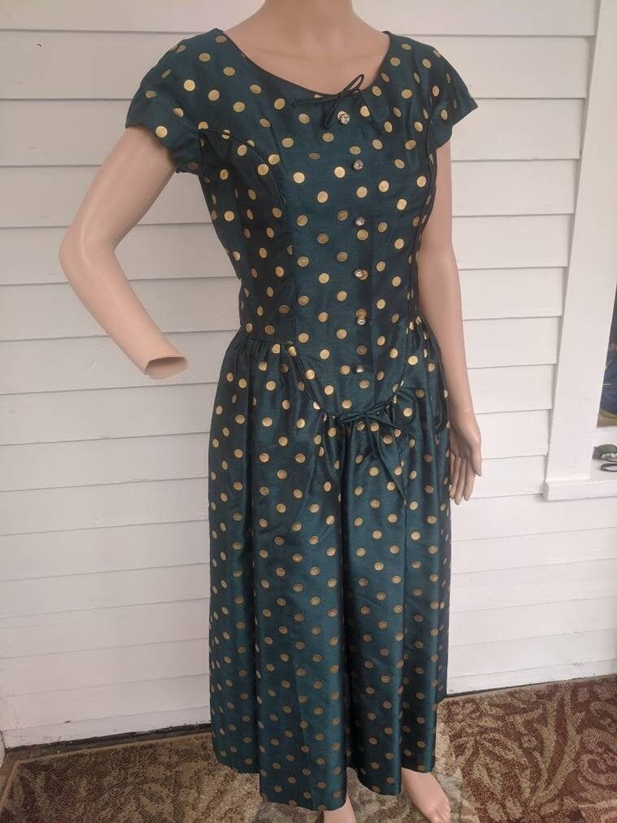 50s Dark Green Gold Polka Dot Dress Vintage Shirley Lee S M 36 28 New Old Stock