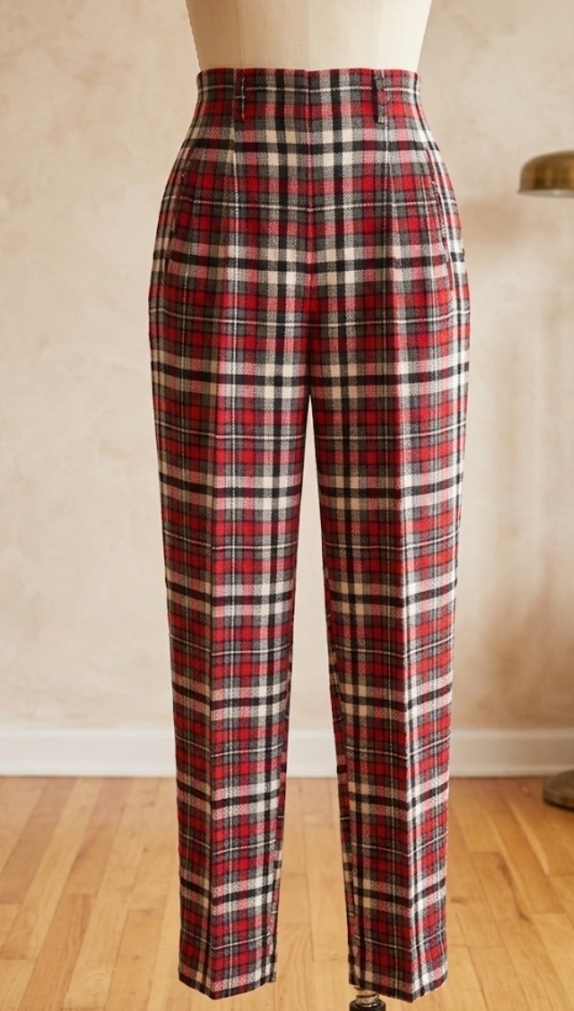 Vintage 1950s Tiger’s Plaid High Waist Slacks Red Wool Blend 10 23×28 NWT