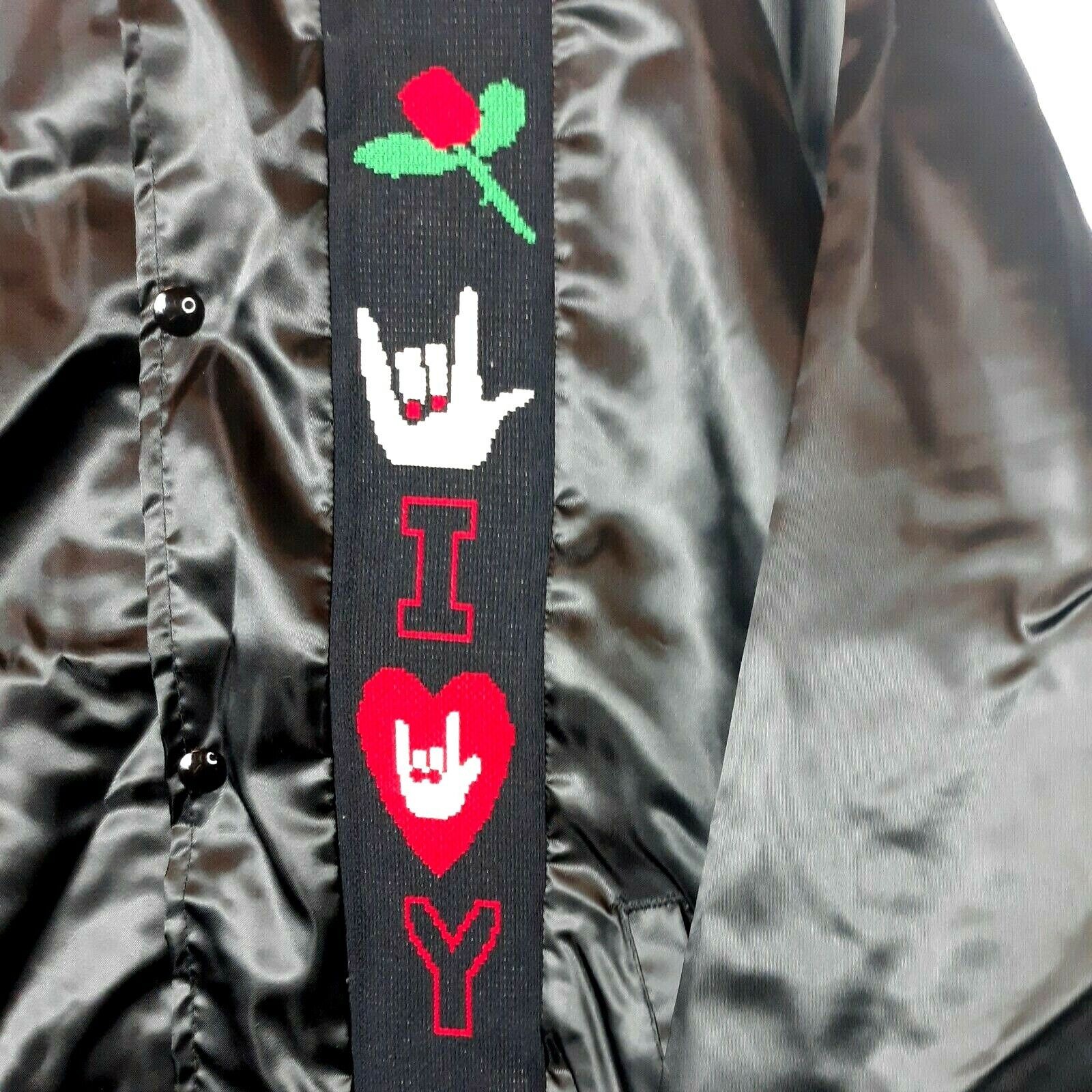 Vtg West Ark Satin Embroidered Rose Love Sign Bomber Jacket Size L Black Hippie