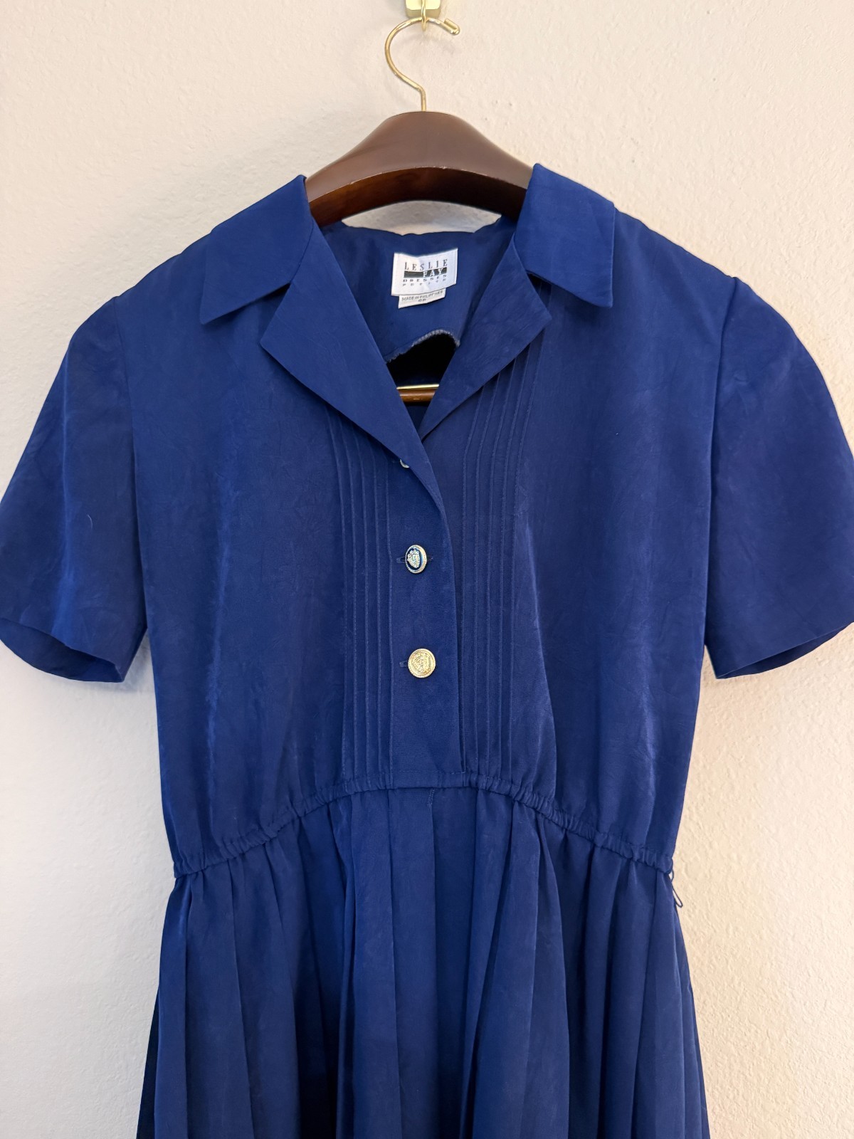Vintage 90s Leslie Fay Navy Pleated Secretary Shirt Dress Medium Petite