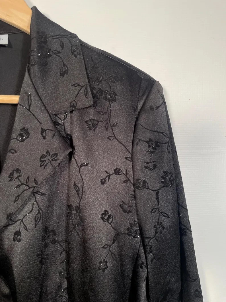 90s Black Satin 3 Piece With Flocked Velvet Glitter Floral Size 11/12 M 30/31 W