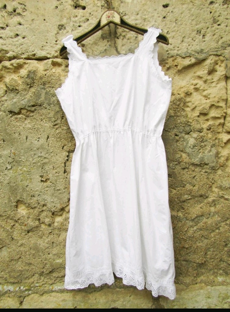 VTG Antique Handmade 1900s French Broderie Anglaise White Cotton Nightgown