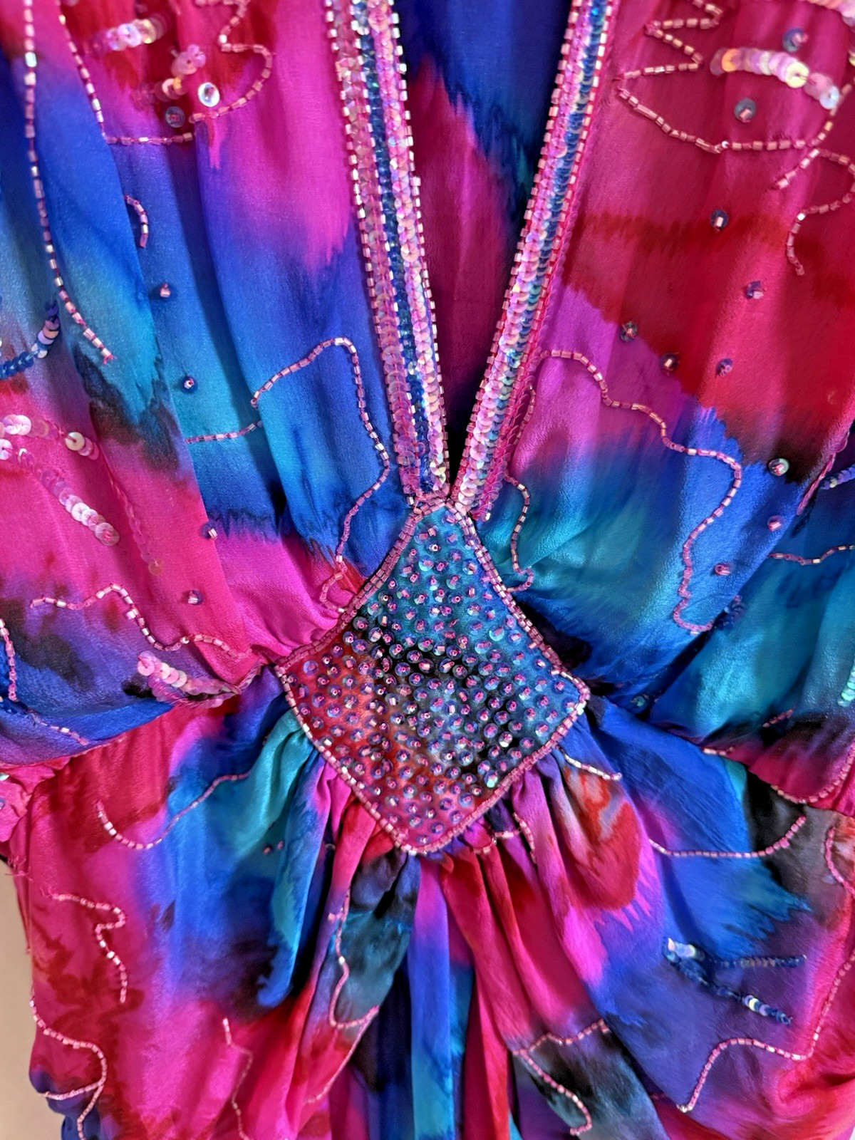 Vintage Judith Ann Creations Pink Purple Silk Beaded Dress – Size Large