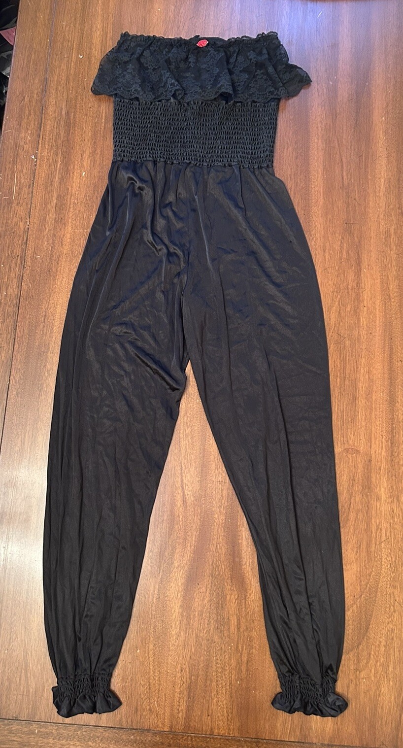 Vintage 80’s SILKY ROMPER Loungewear Playsuit Long Pants Black Strapless Halter