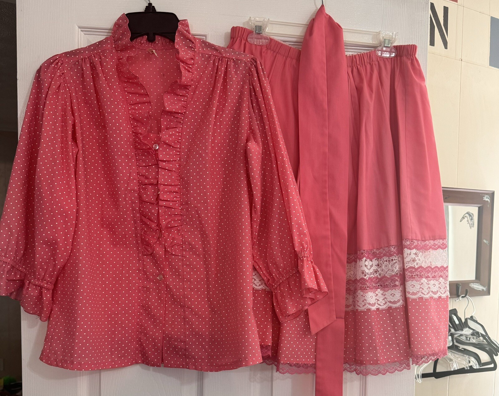 Vtg 70s Pink Polkadot Blouse & Skirt Little House Creations Carefree Creations
